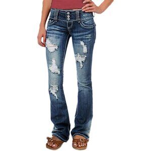 Women’s Ripped Wide Leg Jeans Low Rise Stretch Denim Plus Size Pants